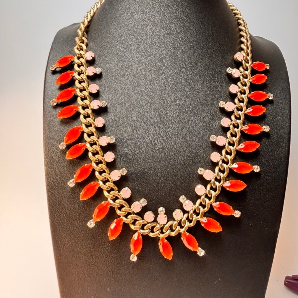 Loft Statement Necklace Gold Orange Pink Rhinestone Marquise Fringe Maximalist